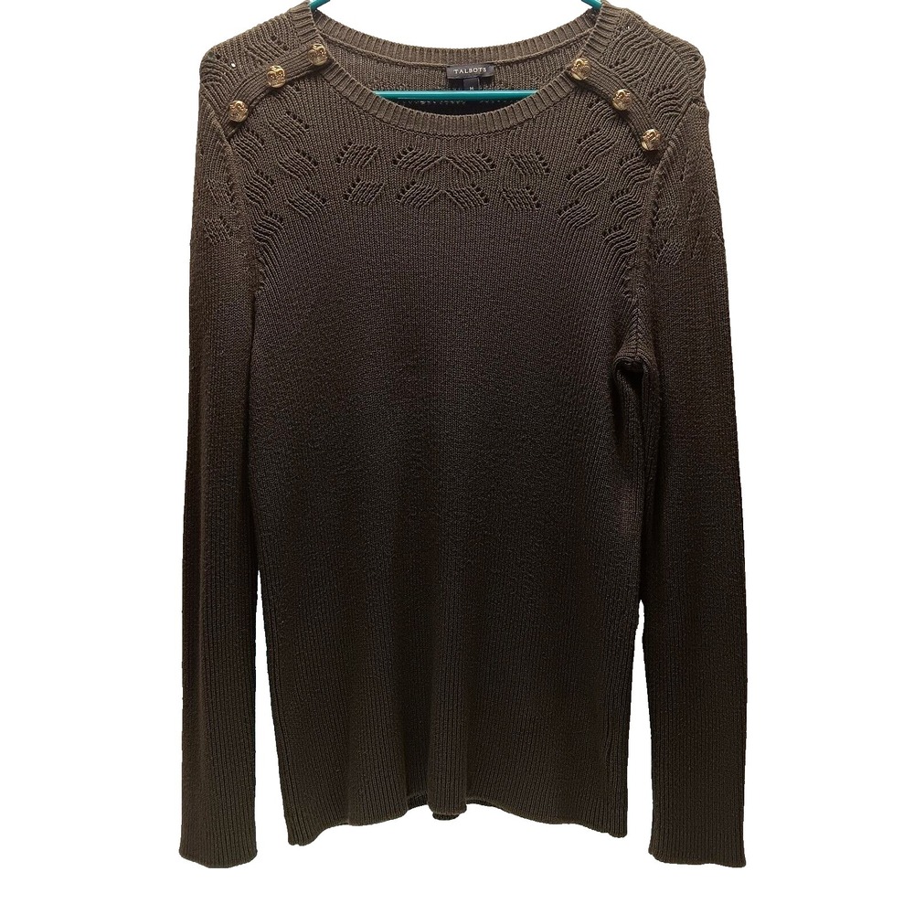 Talbots Rayon Blend Sweater Women's Medium Deep Olive Gold Button Accents EUC‎